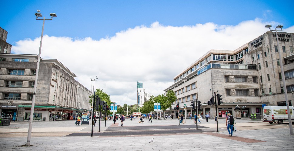Plymouth city centre looking across Royal Parade with House of Fraser building to the right